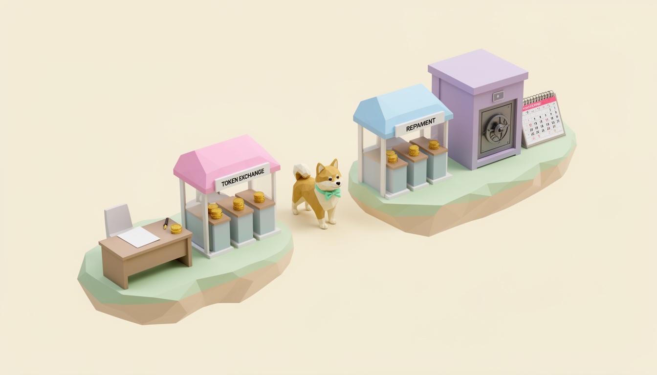 Low-poly Chairpup walking through proposal, exchange, repayment, vault, and calendar stations